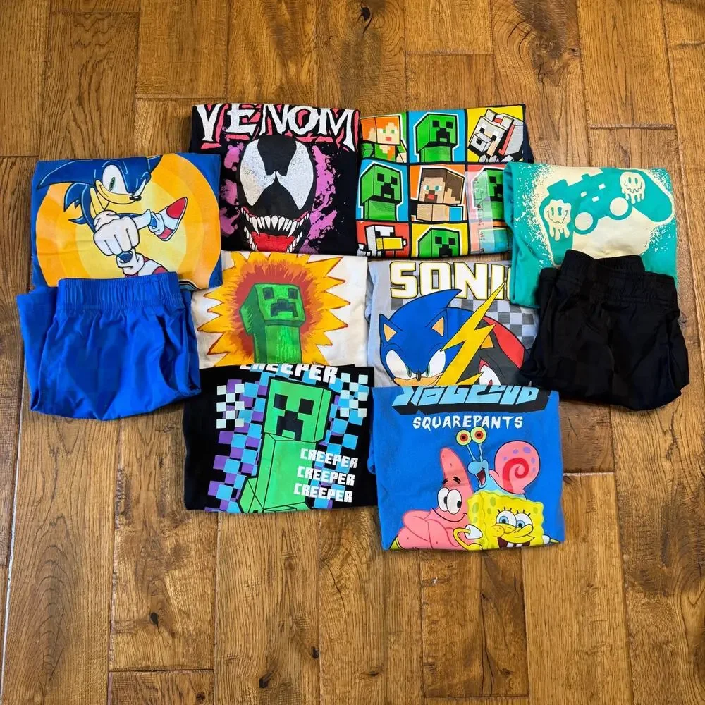 Lot of 10 Boys Summer Clothing Sz 6-7 Shirts, Shorts SONIC Spongebob Minecraft
